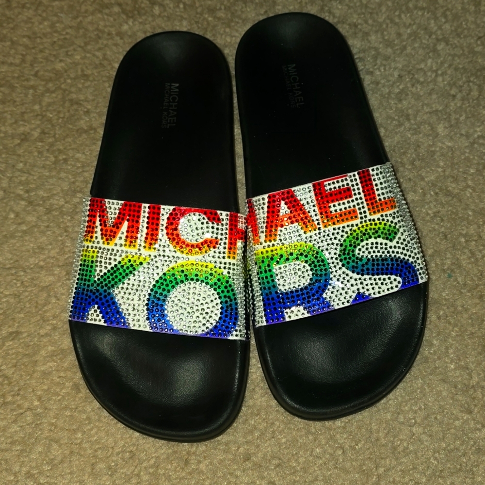 Michael Kors rhinestone rainbow slides